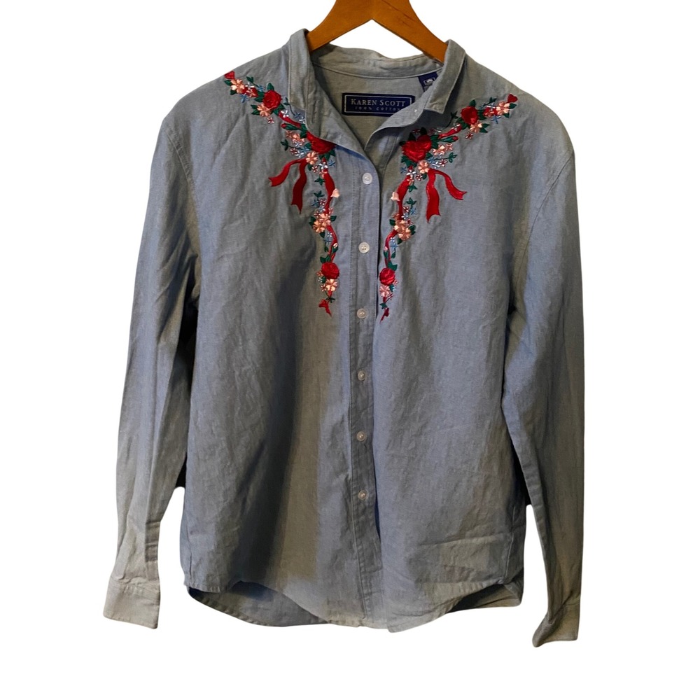 Karen Scott Blue Chambray Embroidered Floral Long Sleeve Button Up Shirt Women S